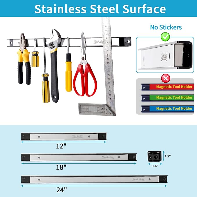 6 Pieces 18" Magnetic Tool Holder Strip, Stainless Steel Surface Tool Magnet Bar, Metal Tool Organizer Rack for Garage Organization, Easy To Install in Workshop, Mounting Screws Included