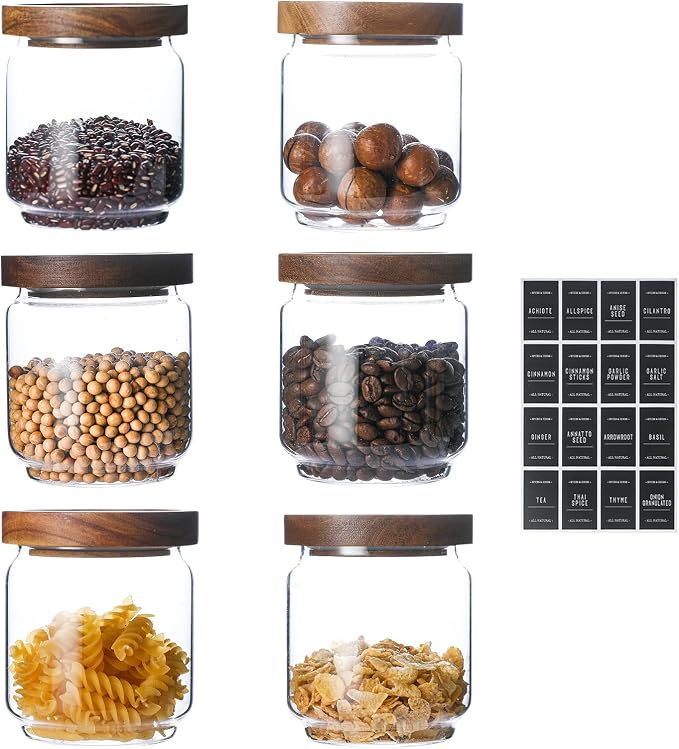 Glass Jars with Wood Lids Include 112 Labels | 15 OZ Storage Food Canister for Coffee| Sugar| Snacks| Nuts