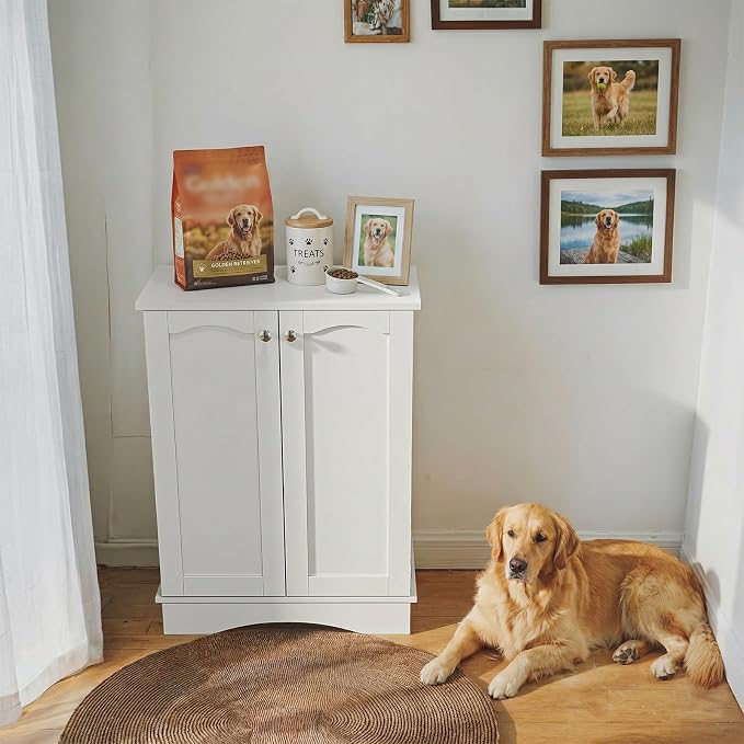 32" H Dog Feeding Station with Storage with Adjustable Shelves | Pet Food Storage Cabinet with 2 Elevated Bowls,Hooks & Letter Stickers,Hidden Dog Feeding Organizer for Cats and Dogs,White