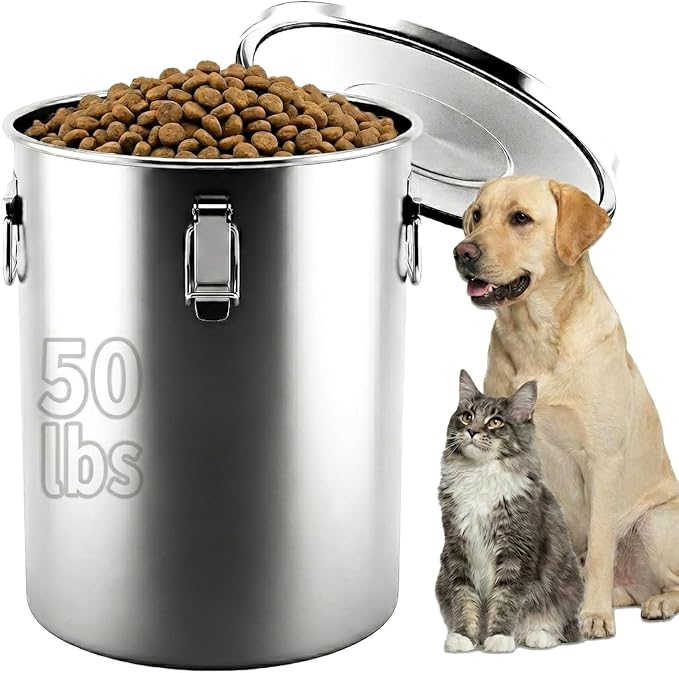 304 Stainless Steel Dog Food Storage Container, 50LB/55LB Airtight Pet Food Container with Locking Lid & Silicone Seal, Large Metal Food Storage Bin for Dry Dog/Cat Food, Rice, Flour (50 LBS)