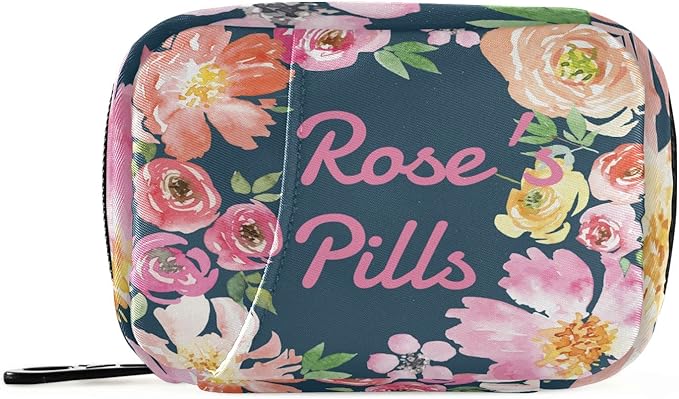 Custom Pill Box 7 Day Pill Case Bag Watercolor Floral Flower Personalized Name Travel Pill Organizer Bag with Zipper Portable Weekly Case Compact Size for Vitamin Supplement Holder