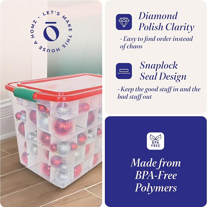 HOMZ 2-Pack Holiday Tote, Clear Plastic Storage Bins w/Lids & Dividers, 112 Quart, Red - Stackable Organizing Containers for Christmas Ornament Decorations, Gift Wraps, and Crafts