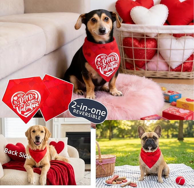 My Dad is My Valentine Dog Bandanas for Valentine's Day 2-in-1 Reversible Cute Lettering & Red Heart Pattern Holiday Costume Pet Scarf with Snap Button for Small & Medium Breeds (5-30lbs)
