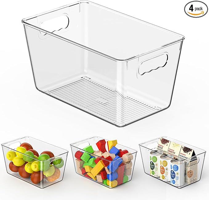Clear Fridge Organizer Bins with Handles, 4 Pack Medium 10×6×5 Inch | Clear storage bins with handles, food organizer basket for kitchen, fridge, freezer and bedrooms
