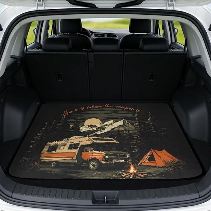 Howilath Trunk Mats for Cars All Weather Retro Mountain Camping SUV Cargo Liner Vehicle Interior Accessories Fits Most Sedan & SUV