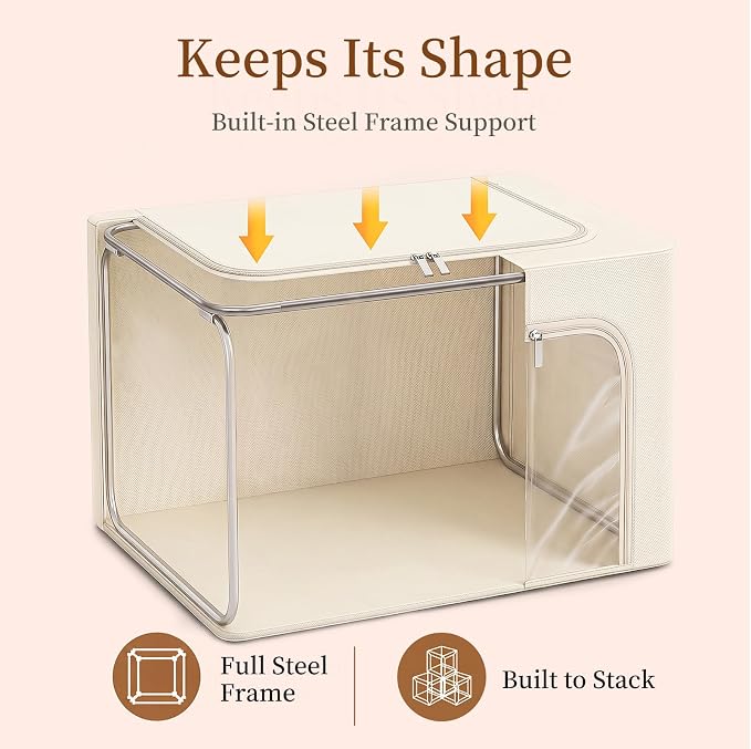 GoMaihe Clothes Storage Bins with Metal Frame for Closet, 40L 3-Pack Beige | Sweaters Hoodies Towel T-Shirt, Closet Top Shelf Linen Closet Organizer, 3 Side Access Clear Window Collapse-Proof, Stackable