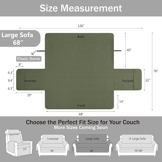 Boho Quilted Pet-Friendly Couch Covers with Pockets, Anti-Slip Aztec Couch Covers for 3 Cushion Couch Sofa, Couch Cover for Dogs Water-Repellent Machine Washable (Large Sofa 68", Olive Green)