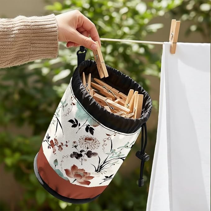Lotus Chrysanthemum Laundry Peg Bag Organizer, Drawstring Clothespin Storage Pouch with Hanging Loop, Portable Clips Holder for Drying Rack, Camping Gear, Home & RV
