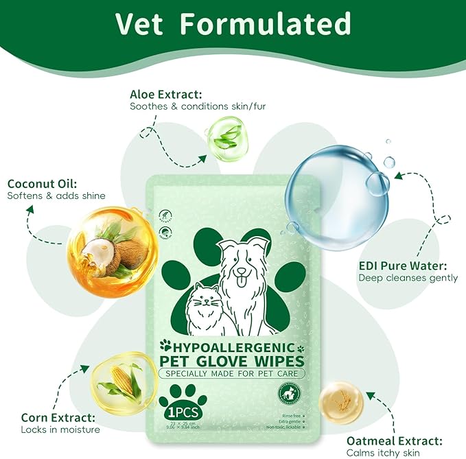 GLADFRESIT Pet Grooming Glove Wipes for Dogs & Cats, Hypoallergenic Deodorizing Cleansing Wipes with Coconut Oil & Botanical Extracts, Daily & Outdoor Care, 60g Portable and Lightweight (6 Pcs)