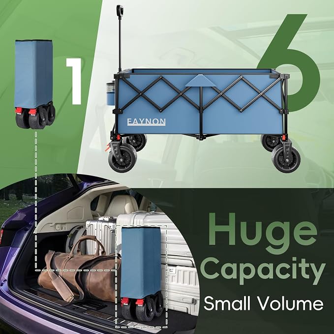 46" L Collapsible Foldable Extended Wagon, 500LB Weight Capacity with 280L Heavy Duty Folding Cart,Utility Wagon with All-Terrain Beach Wheel & Drink Holders,Light Blue