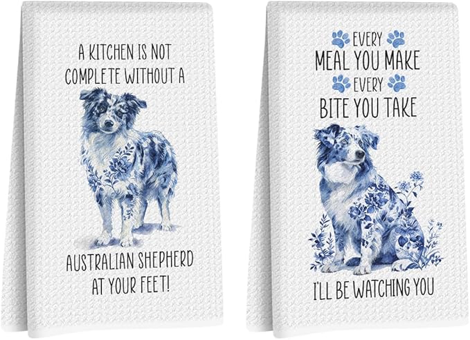 2 Pcs Chinoiserie Australian Shepherd Kitchen Towels 24x14 Inch, Australian Shepherd Gifts Reusable Dish Towels for Kitchen Decor, Blue and White Floral Hand Towel, Funny Dog Gifts for Women Mom