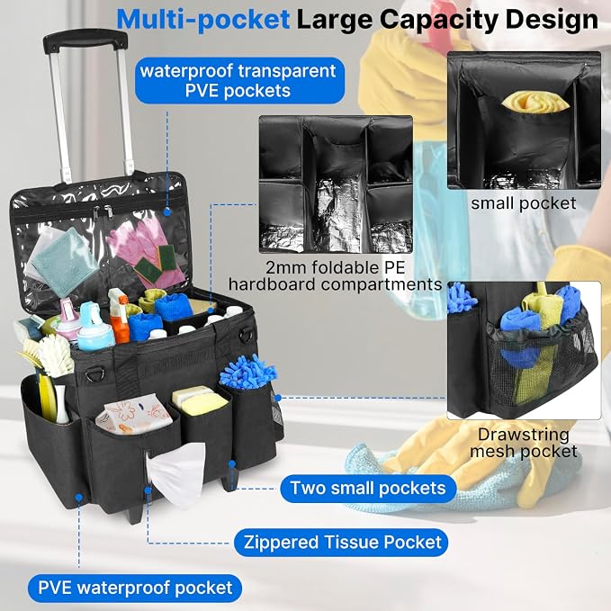 LIWSHWZ Large Rolling Cleaning Caddy Bag with Detachable Trolley & Lid,Cleaning Supplies Organizer on Wheels with Multi Pockets for Cleaning Tools Storage,Housekeepers, Black