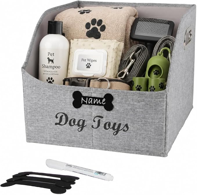 Big Dog Toys Storage Bins Canvas Foldable Fabric Trapezoid with metal handles pet Baskets,Can be Personalized,Storage Bin Large toy box Organizer-Snow Gray