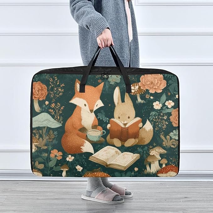 Comforter Storage Bags Large Folding Blanket Organizer Bag with Strong Handles Clear Window Closet Storage Containers for Clothes King Queen Pillows Bedding Quilt Duvet Fox Bunny Mushrooms Gree