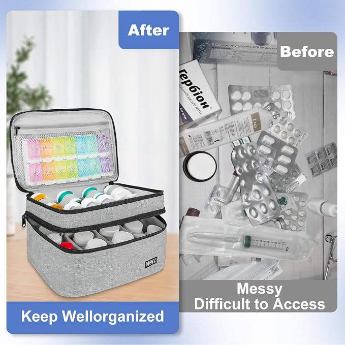 LEFOR·Z Medicine Storage Bag,Double Layers Pill Bottle Organizer Bag Empty | Medical Supplies Bag with Lockable Zipper & Adjustable Divider,Medication Travel Carrying Bag for Pills,Vitamins,Grey