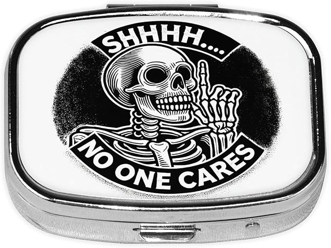 ABLESKY Pill Box, 2 Compartment Pill Organizer Case for Pocket or Purse, Small Portable Metal Travel Medicine Box with Mirror, Daily Vitamins Fish Oil Container-Funny Skull No One Cares