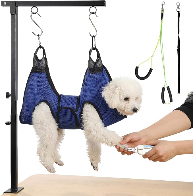 ondware Dog Grooming Arm with Hammock, Adjustable 27-37", Dual Clamp | Thickened base, fits tables up to 1.65", carabiner & S-hook, for small to medium dogs under 30 lbs
