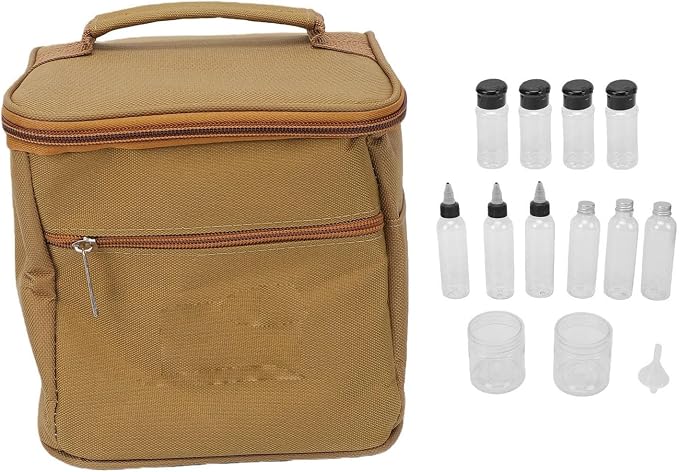 Portable seasoning bottle set 15 pieces with Oxford cloth organizer bag | Condiment Containers for Travel, Picnic, BBQ, Hiking, PET Material, Secure Seal, Screw Lids, Leak-, Khaki Color