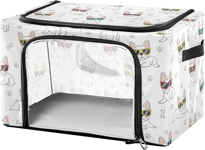 Funny Pets Dogs White pattern Under Bed Storage Containers with Double Zipper Openings, Foldable Clothes Storage Bins with Clear Window and Handles for Comforters Blankets Bedding