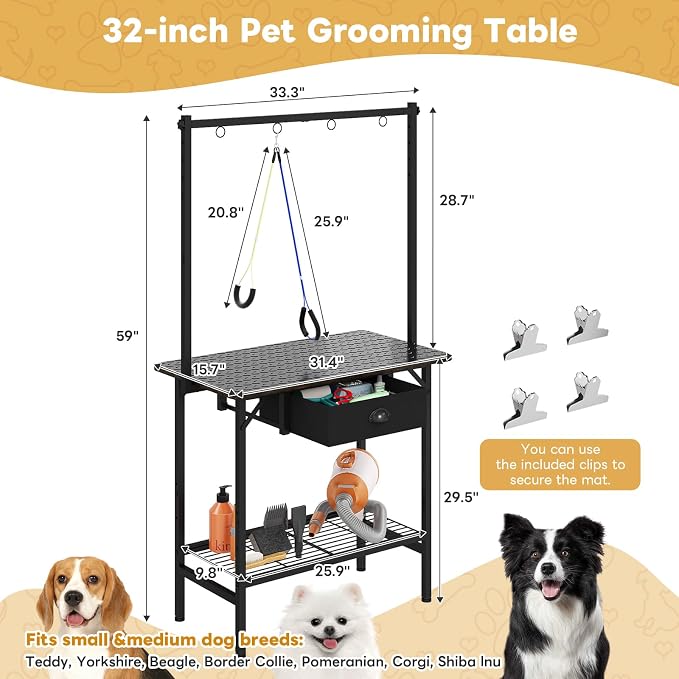 Dog Grooming Table with Drawers and Mesh Tray,32 Inch Adjustable Pet Grooming Table with Non-slip Removable Washable Mat and EVA Protective Lanyard ,Professional Grooming Table for small Dogs at Home