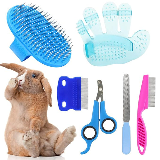 Rabbit Grooming Kit, Rabbit Brush for Shedding with Bunny Nail Clipper, Rabbit Nail Trimmers with Pet Combs for Hamster Guinea Pig Ferret by KALAMANDA(6 Pack)
