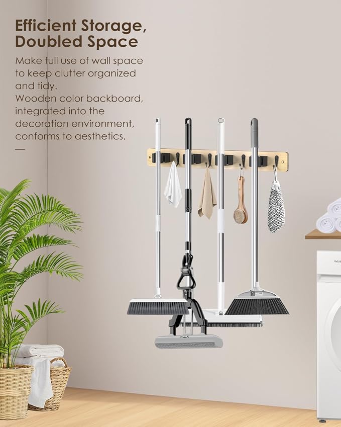 AceMining Light Wood Broom Holder Wall Mount, 4 Holders 4 Hooks Mop Holder | Mop Holder Wall Mount and Broom Hanger for Garage, Laundry Room, Kitchen and Utility Storage