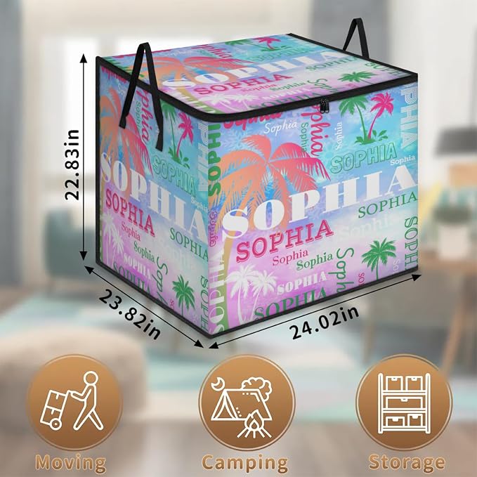 Personalized Extra Large Storage Bins with Lid, Customized Name Painted Blue Pink Green Tropical Palm Trees Storage Basket Rectangle Clothes Organizer for Organizing Kids and Pets Toys Shelf Closet