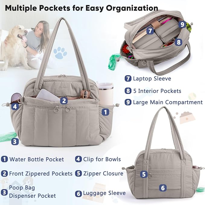 Dog Travel Bag for Supplies, Airline Approved Pet Travel Organizer with 2 Food Containers & Collapsible Bowls, Large Capacity Dogs Tote Bag for Weekend, Stylish Dog Mom Gift for Pet Lovers