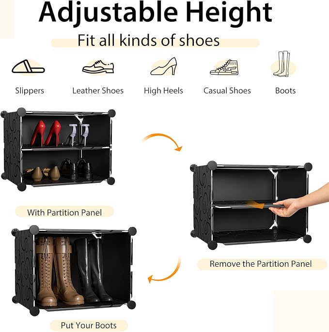 GOFLAME Portable Shoe Rack Organizer, 48 Pairs Expandable Modular Shoe Storage Cabinet with Doors, Adjustable Panels, 8-Tier DIY Shoe Shelves for Closet, Hallway, Entryway, Easy Assembly, Black