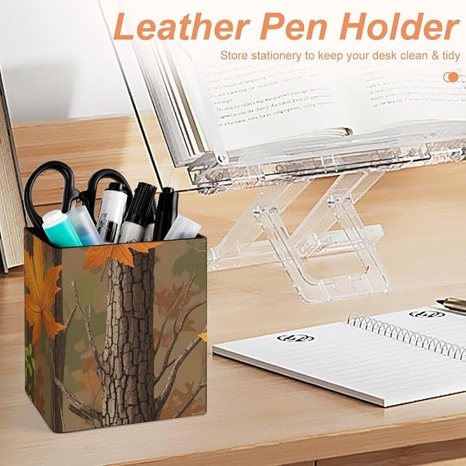 Pu Leather Pencil Cup for Men Women Desktop Square Pen Pencil Holder Hunting Camo Fall Maple Leaf Stationery Container Box for Office Supplies