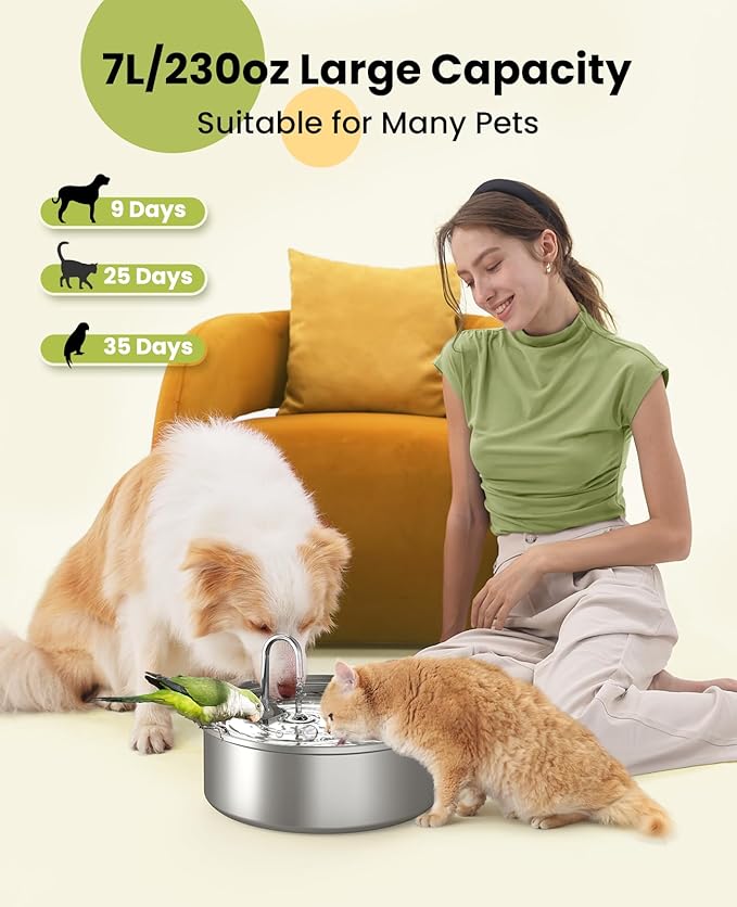 oneisall Dog Water Fountain, 7L/230oz/1.8G Quiet Dog Fountain Water Bowl, Stainless Steel Dog Water Fountain with Visual Water Level&Triple Filtration for Large Medium Small Breed Dogs Pets