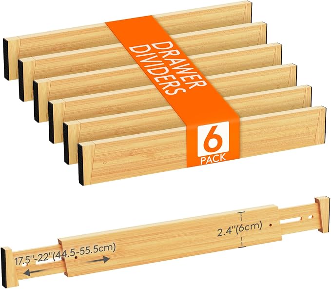 Lifewit 2.4" Kitchen Drawer Dividers, Adjustable Bamboo Drawer Organizers | 6 Pack 17.5"-22" Expandable Drawer Separator for Clothes, Utensils, Dresser, Cabinet, Closet, Nursery Organization & Storage