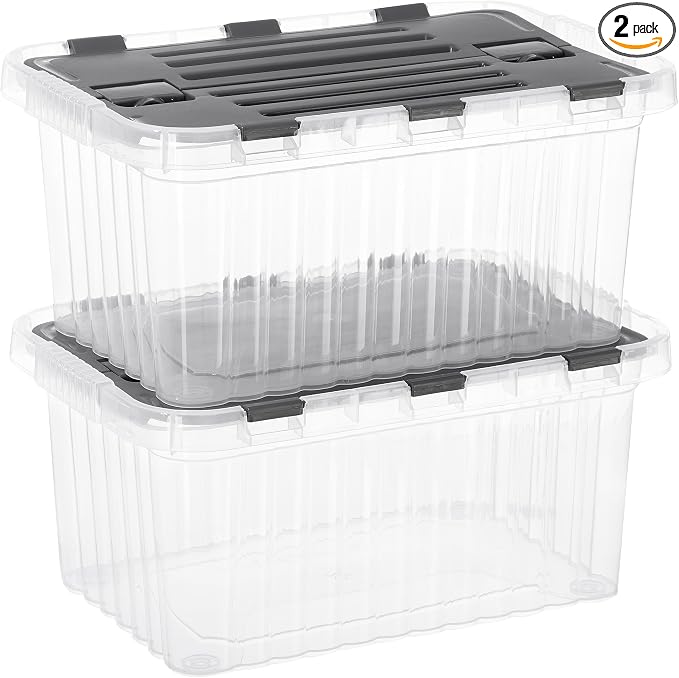 Superio Clear Storage Boxes with Attached Lids, Plastic Container Bins with Hinged Lids for Organizing, Stackable Crates, BPA Free, Non Toxic Organizers, 19 Quart (2 Pack, 17"x11.65"x8.75")