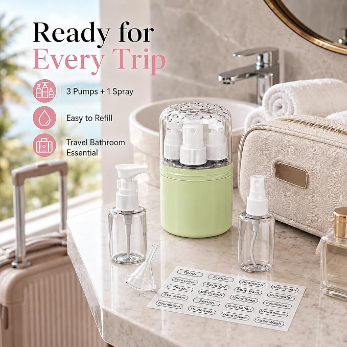 4-in-1 Travel Dispenser with 4 x 50 mL Bottles, Green | 4 refillable 50 mL bottles, pump and spray tops, included label stickers, compact design for toiletries, travel, gym