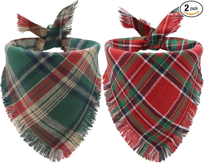 2PCS Christmas Dog Bandanas Plaid Two-Sided with Tassels,Holiday Scarf,Stylish Triangle Dog Outfit for Boy and Girl,Winter Christmas Classic Red-Green Plaid Pet Scarf for Medium to Large Dogs