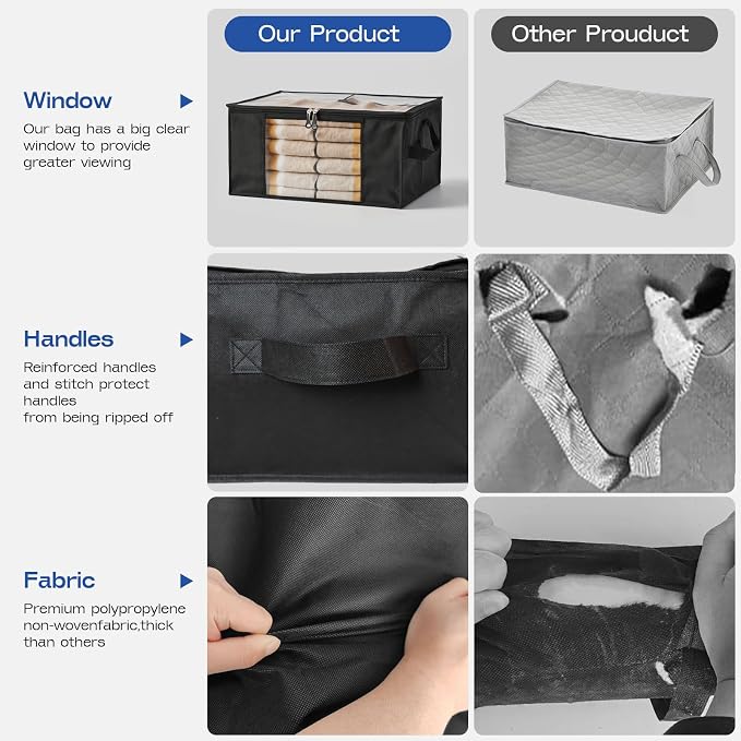 Clothes Storage Bags, Foldable Thick Fabric Blanket Storage Bags, Large Clear Window & Carry Handles, Great for Clothes, Blankets, Closets, Pillows (Black, 4PACK)