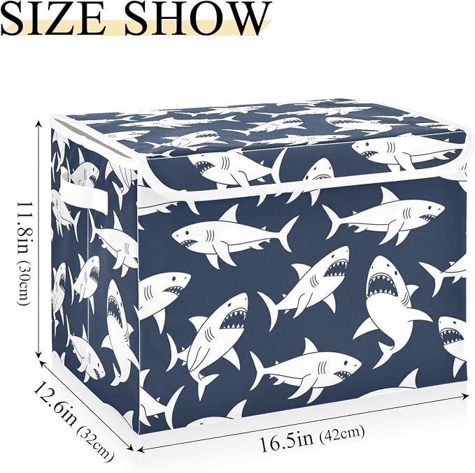 Ocean Angry Sharks Storage Bins with Lids Closet Bedroom 40L Storage Basket | Decorative Storage Boxes, Foldable & Stackable, Dust-Proof Flip Top, Reinforced Handles, For Home & Dorm, Clothes & Toy Box