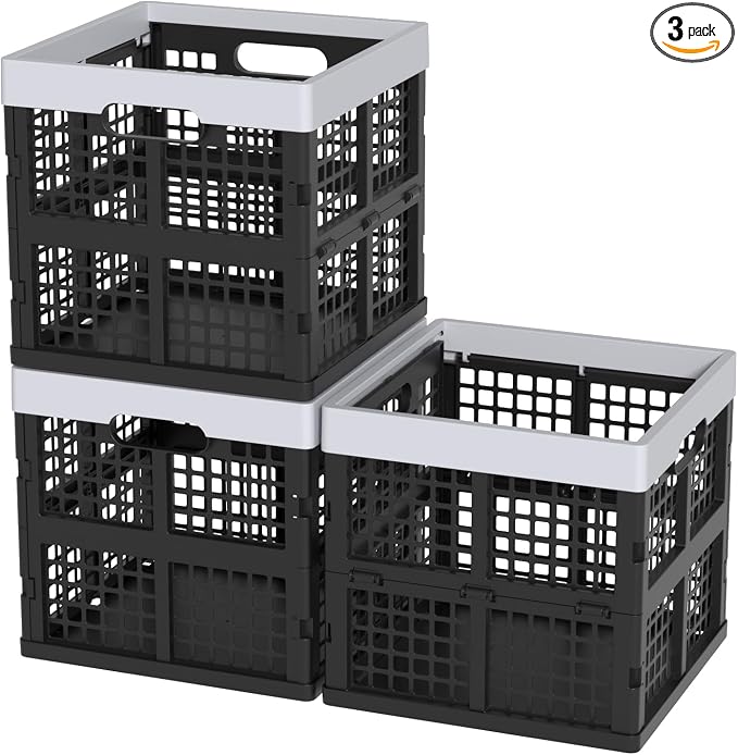Sandmovie 3 Packs Collapsible Storage Crates, 18 L Square Foldable Crate | Stackable Plastic Organizer Bins for Closet, Pantry, Garage, Car Trunk, Office, Black