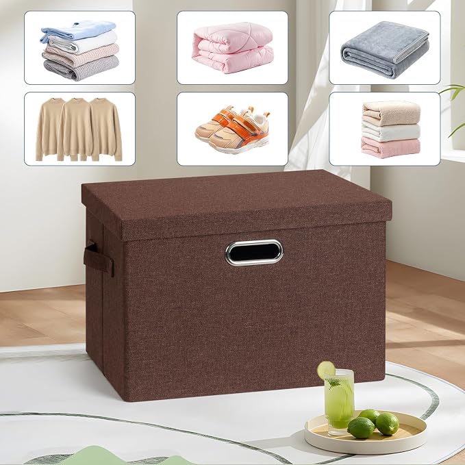Storage Bins with Lids Fabric Closet Organizers Cubes Office Organization | 36 Quart 3 Pack Dark Red Collapsible Stackable Linen Fabric 4 Handles Bedroom Closet Cabinet Under Bed Clothes Toy Office
