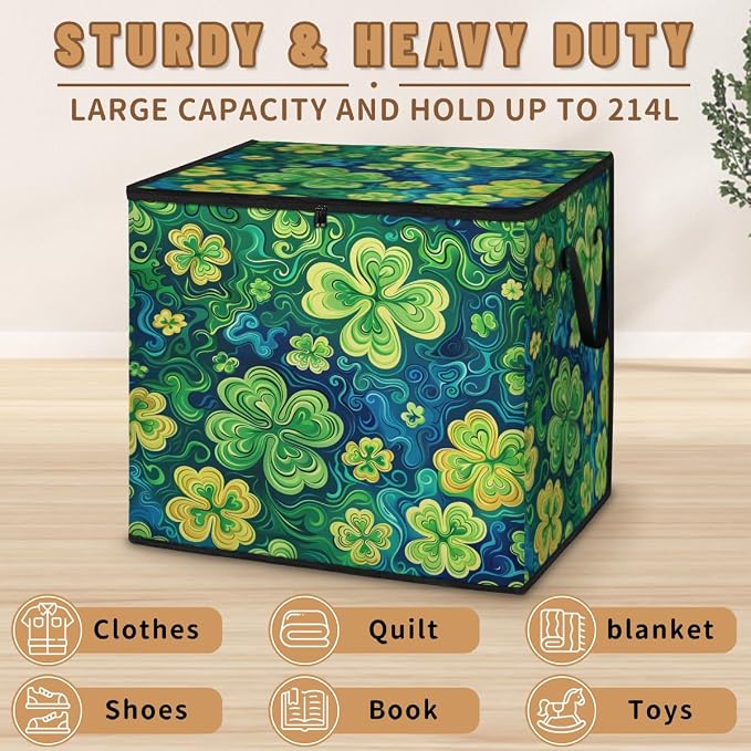 St Patricks Day Large Storage Bags, Fabric Bed Storage Containers, Foldable Closet Organizers for Blanket, Clothing, Comforter, Bedding, Lucky Clover Shamrock