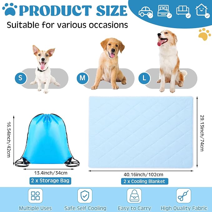 2 Pack 29" x 40" Dog Cooling Mats with Storage Bags, Washable Cooling Pads for Dogs, Foldable Pet Self-Cooling Mat Blanket for Crate, Sofa, Floor, Car, Indoor Outdoor Summer Use