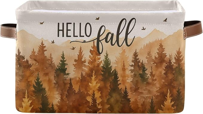 Wamika Hello Fall Forest Storage Basket with Waterproof Liner and PU Handles Maple Leaves Pine Tree Storage Bins Boxes 14.2" Collapsible Decorative Organizer Baskets for Bedroom Closet Office 1 Pack