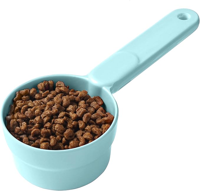 Joyinjojo Dog Cat Food Scoop - Pet Food Scoop Dog Food Measuring Cup 1/2 1/4 Cup, Comfortable Long Handle for Easy to Scoop Food, Blue 1/2 Cup