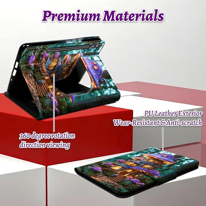 Rotating Handle Case for Samsung Tab S10 Ultra 2024/Galaxy S9 Ultra 2023 14.6", 360 Degree Swivel Kickstand with Magnetic Closure Shockproof Leather Protective Cover, Purple Mushroom Castle