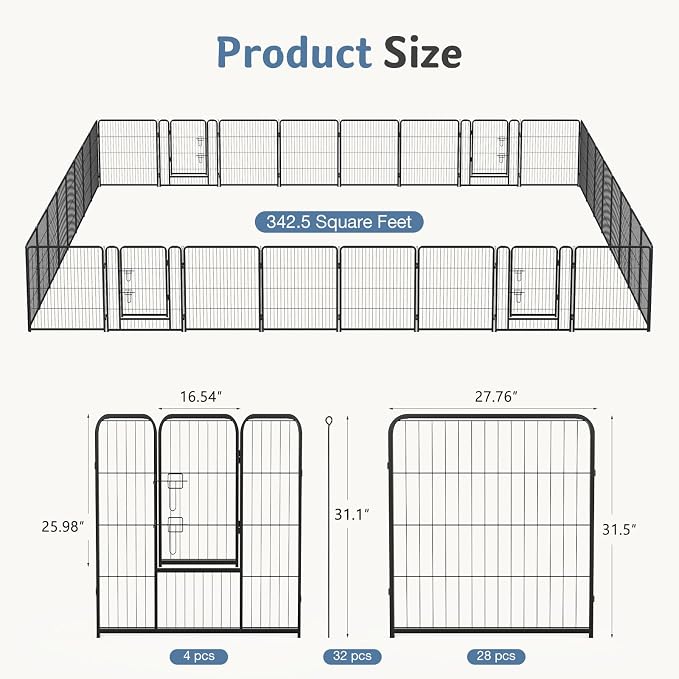 DUMOS Dog Playpen 32 Inch 32 Panels Indoor Outdoor Metal Pet Fence | Foldable Dog Play Pen with Door, Portable Exercise, RV Camping, Puppy Small Medium Dogs