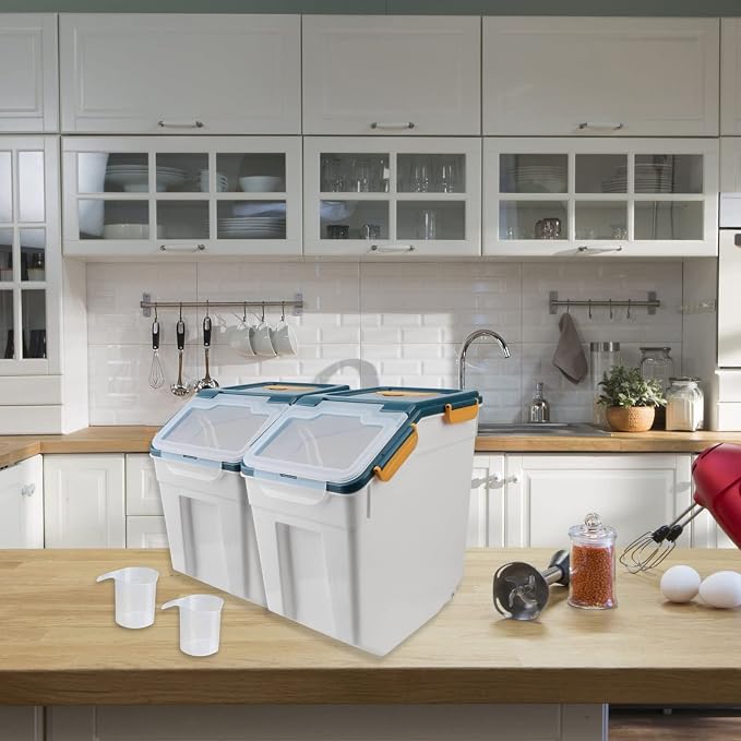 2 Pack 25lbs Rice Storage Container with Wheels, Flour and Sugar Container | Food grade plastic kitchen storage bins hold rice, flour and dry grains, measuring scoop & cup for convenient portion control