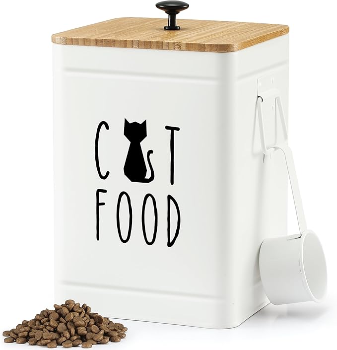 PERFNIQUE Cat Food Storage Container, Airtight Cat Treat Container with Bamboo Lid, Pet Food Storage for Kitchen Countertop, Treat Jars for Pets, Cat Food Container (White, with Spoon)