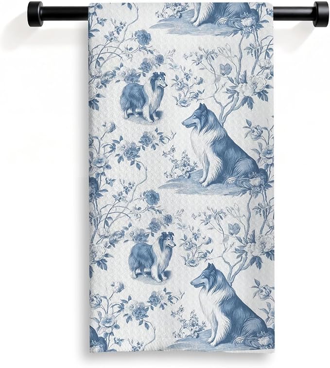 Shetland Sheepdog Kitchen Dish Towels,Blue and White Floral Dog Towel Dish Tea Towels, Chinoiserie Decor for Kitchen Bathroom,Shetland Sheepdog Gifts for Dog Lover Mom Dad,16x24 Inch