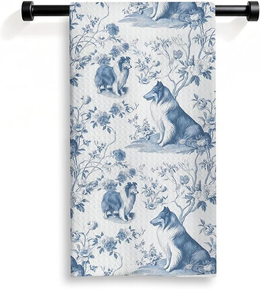 Shetland Sheepdog Kitchen Dish Towels,Blue and White Floral Dog Towel Dish Tea Towels, Chinoiserie Decor for Kitchen Bathroom,Shetland Sheepdog Gifts for Dog Lover Mom Dad,16x24 Inch