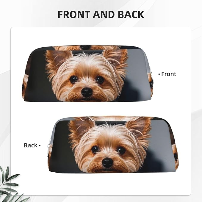 PU Leather Pencil Case Cosmetic Pencil Bags Makeup Pouch with Zipper | Cute Pet Yorkie Pen Pouch Portable Cosmetic Organizer Bag For Office Woman Man